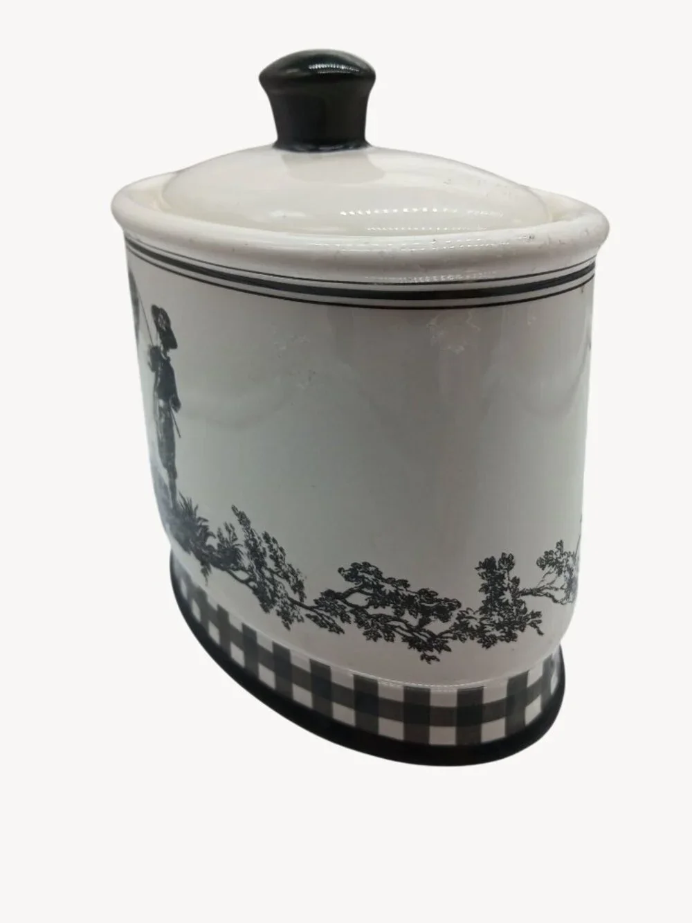 Vintage Waverly County Life Ceramic Lid Container Black White Toile Small Bath